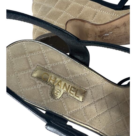 Chanel Coin Medallion Quilted Suede & Leather Heeled Wedge Sandals - Picture 12 of 16